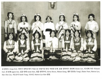 보성회(Po Sung Hoi). 하와이 대학교에서 처음으로 만들어진 한인 여대생 단체. 앞줄 왼쪽에서 첫번째 Gladys Lee, 세 번째 사라 서(Sarah Sur), 네 번째 Agnes Inn, 일곱 번째 Annie Kim, 뒷줄 왼쪽부터, Sylvia Moon, Miriam Kang, 엘라 양(
Ella Yang), Elaine Nam, Marion Lyu, Myo Hee Lee, 지도교사 Sarah Yang. 1934년. Marion Lyu Kim 앨범.