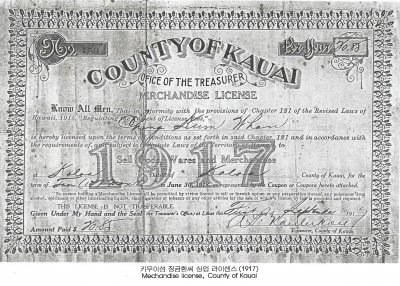 카우이섬 장금환씨 상업 라이센스 (1917) Merchandise license, County of Kauai