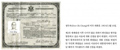 정두옥(Doo Ok Chung)의 미국 귀화증. 1961년 3월 16일.

제2차 세계대전 이후 나이가 많은 하와이 한인들은 한국을 방문하고 싶은 마음에 귀화 신청을 많이 하였다. 이민국적법이 통과되자마자 동지회 회원들은 귀화 신청을 하였지만 국민회 회원들은 1960년 이승만이 대통령직에서 쫓겨날 때까지 기다렸다가 귀화 신청을 하였다.