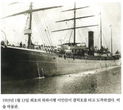 1903년 1월 13일 최초의 하와이행 이민단이 갤릭호를 타고 도착하였다. 비숍 박물관.