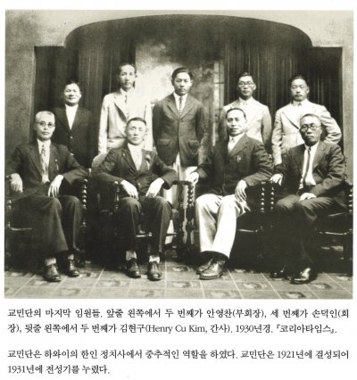 교민단의 마지막 임원들. 앞줄 왼쪽에서 두 번째가 안영찬(부회장), 세 번째가 손덕인(회장), 뒷줄 왼쪽에서 두 번째가 김현구(, 간사). 1930년경. 『코리아타임스 』.

교민단은 하와이의 한인 정치사에서 중추적인 역할을 하였다. 교민단은 1921년에 결성되어 1931년에 전성기를 누렸다.