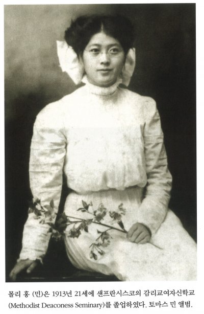 몰리 홍 (민)은 1913년 21세에 샌프란시스코의 감리교여자신학교(Methodist Deaconess Seminary)를 졸업하였다. 토마스 민 앨범.