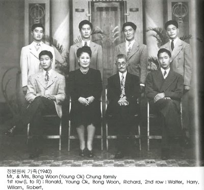 정봉원씨 가족(1940) Mr. & Mrs. Bong Woon (Young Ok) Chung family 1st row(L to R): Ronald, Young Ok, Bong Woon, Richard. 2nd row : Walter, Harry, Wiliam, Robert.